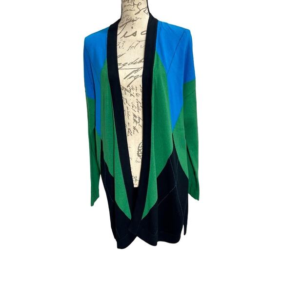 Carlisle Women's Knit Open Cardigan Colorblock Argyle Large Green Blue Black - Picture 1 of 13